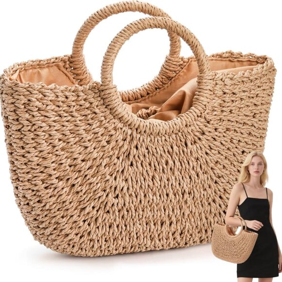 Women Straw Bag Large Handwoven Summer Beach Tote Casual Crossbody Travel - Picture 1 of 7